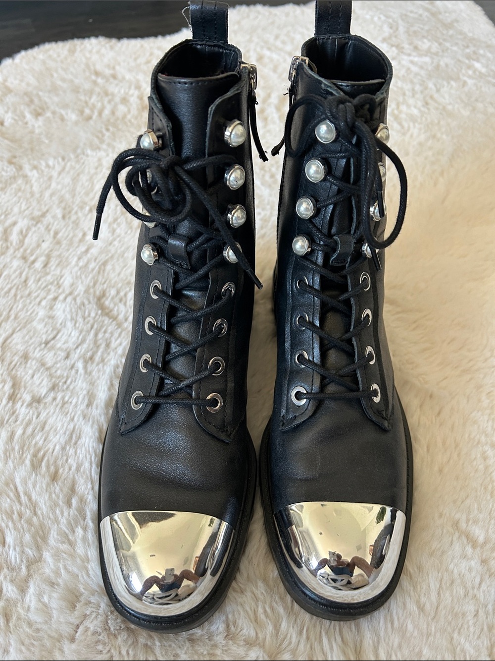 Zara Black Lace-Up Combat Boots with Silver Toe Cap